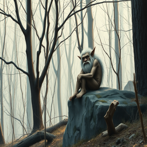 A detailed, mystical forest scene featuring a troll seated on a rock, surrounded by barren trees, in a vintage watercolor style, captured with a Canon EOS R5, 50mm lens, f/2.8 aperture, ISO 100, in soft natural lighting for enhanced depth and clarity.