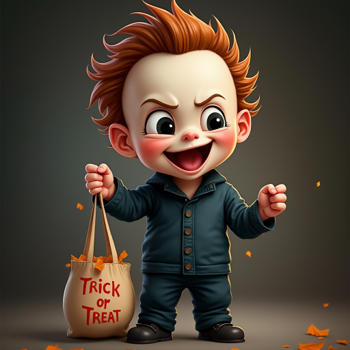 A whimsical caricature of a child version of Michael Myers, grinning mischievously. He is held by the hand of an unrecognizable person (only their hand visible), while holding a bag labeled "Trick or Treat" His facial expression is playful yet slightly menacing, reflecting his iconic figure. The scene is in portrait format with a Halloween theme, featuring exaggerated cartoon details like big eyes, a small body, and a creepy yet light-hearted tone.