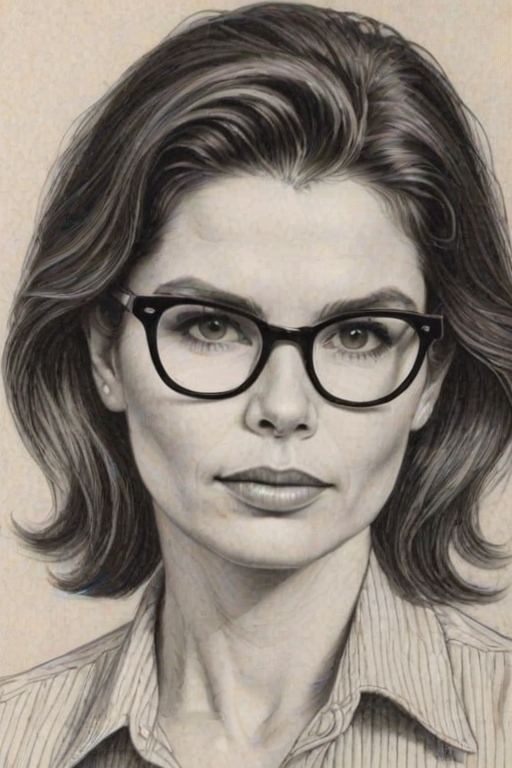 Attractive Julia Ormond, pencil sketch, portrait of Appealing woman 1967s in glasses, hair style beatnik, outline, clear lines, fine lines, 8k
