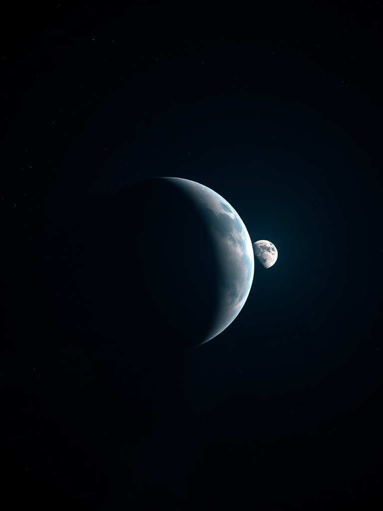 A high-resolution image of two celestial bodies (a large planet and a smaller moon) set against a dark, swirling space background, captured with a Canon EOS R5 at f/8, ISO 100, 24mm with a wide-angle lens in astrophotography style.