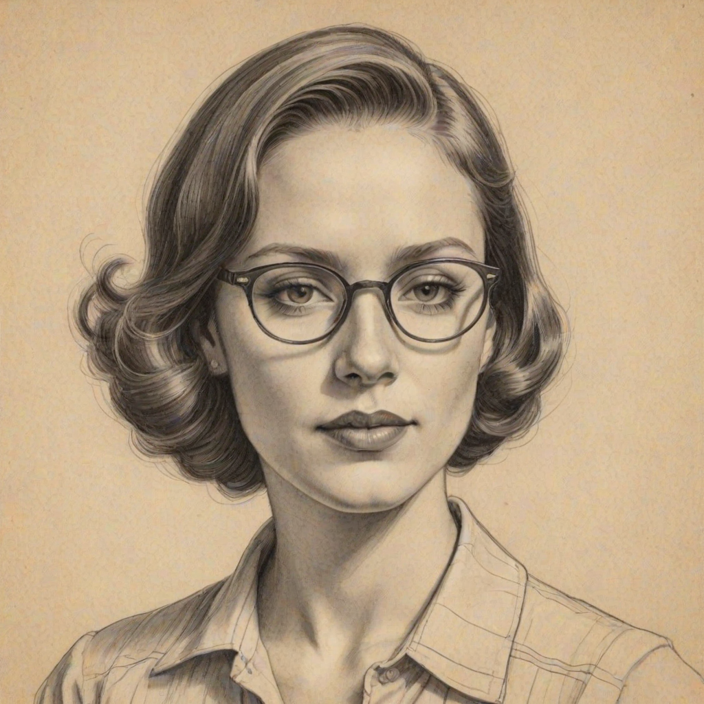 Pleasing Ginger Gonzaga, pencil sketch, portrait of Appealing woman 1932s in glasses, hair style beatnik, outline, clear lines, fine lines, 8k