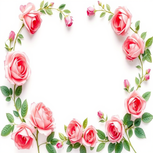 create a watercolor floral border with soft pink roses and greenery on the top and bottom edges of a white background using a Canon EOS R5 with f/4 aperture, 50mm lens, shot from a straight-on view in natural light for enhanced detail and color vibrancy