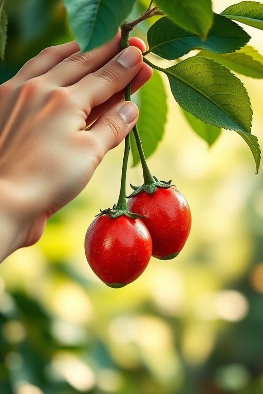 Create an illustration of a hand reaching for two ripe red fruits hanging from a green leafy branch, captured with a Canon EOS R5, 50mm lens, aperture f/2.8, ISO 100, natural lighting, shallow depth of field.