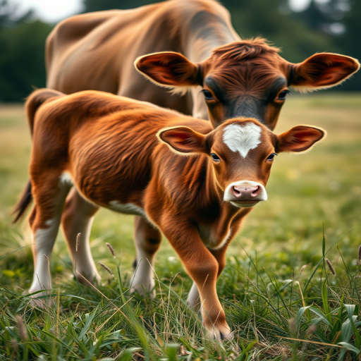 A cow and its calf in a grassy field, low angle view, soft focus, 50mm lens, f/2.8 aperture, 1/200 sec shutter speed, natural light, warm color tones.