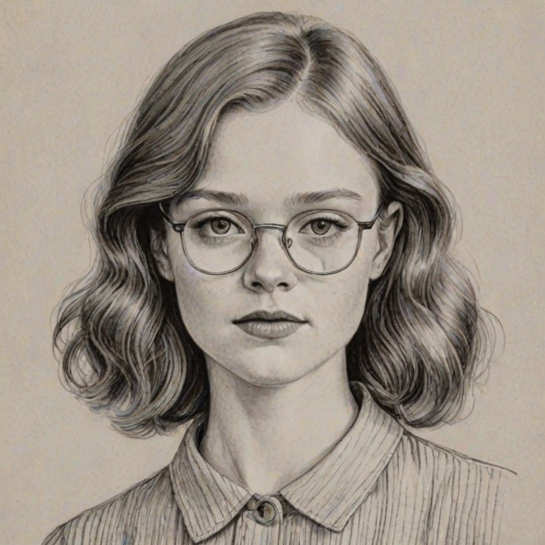 Stunning Sadie Sink, pencil sketch, portrait of Superb woman 1928s in glasses, hair style beatnik, outline, clear lines, fine lines, 8k