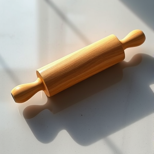 Create a high-resolution image of a wooden rolling pin on a reflective surface, captured with a Canon EOS 5D Mark IV, f/2.8 aperture, ISO 100, 50mm lens, top-down view, soft natural lighting.