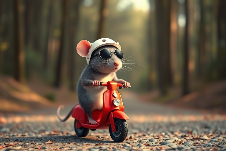 Create a high-resolution image of a cartoonish rat wearing sunglasses and a white helmet riding a small red scooter on a forest path during the day, with soft focus on the background and sharp details on the rat, using a DSLR camera with a 50mm lens, aperture f/1.8, ISO 100, and a shallow depth of field.