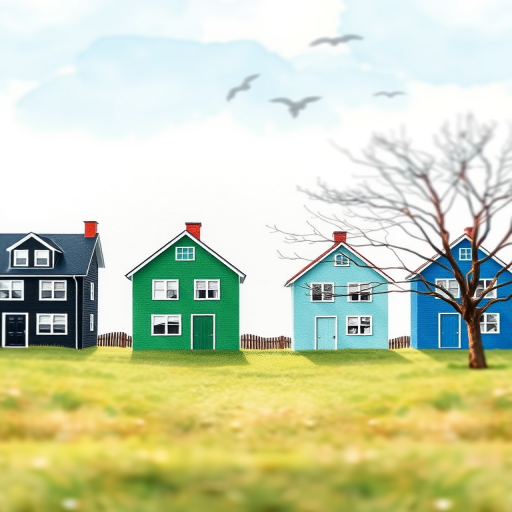 Regenerate a watercolor illustration of a row of stylized houses in varying colors (black, green, blue) next to a bare tree on a grassy field, captured with a Canon EOS R5 at f/4, ISO 100, 50mm lens, soft focus view, and vibrant color saturation.