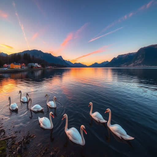 generate a vibrant landscape image of a serene lakeside scene at sunset featuring swans swimming in the water, colorful houses lining the shore, and mountains in the background, using a DSLR camera with a 24mm lens, f/8 aperture, ISO 200, 1/125 sec shutter speed, capturing a wide-angle view with warm colors and clear reflections on the water