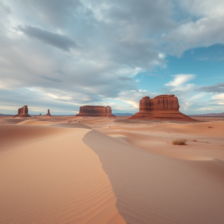 a serene landscape featuring rolling dunes and rocky formations under a cloudy sky, taken with a DSLR camera, 50mm lens, f/8 aperture, ISO 200, 1/125 sec exposure, wide-angle view for depth, enhanced colors and contrast