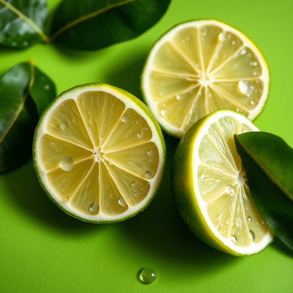 create an image of two halved limes with water droplets on a vibrant green background, use a 50mm lens, aperture f/2.8, shutter speed 1/100s, ISO 200, shot from a top-down view, in a soft focus photographic style with high dynamic range