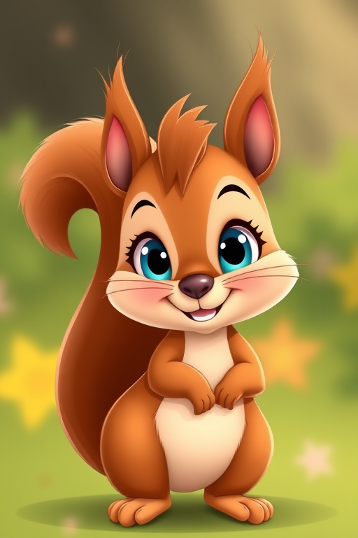 a cute cartoon squirrel with a large bushy tail, big blue eyes, and a friendly expression, in a simple colorful style, captured with a DSLR camera at f/2.8, ISO 100, 50mm lens, with soft diffused lighting to enhance details and colors