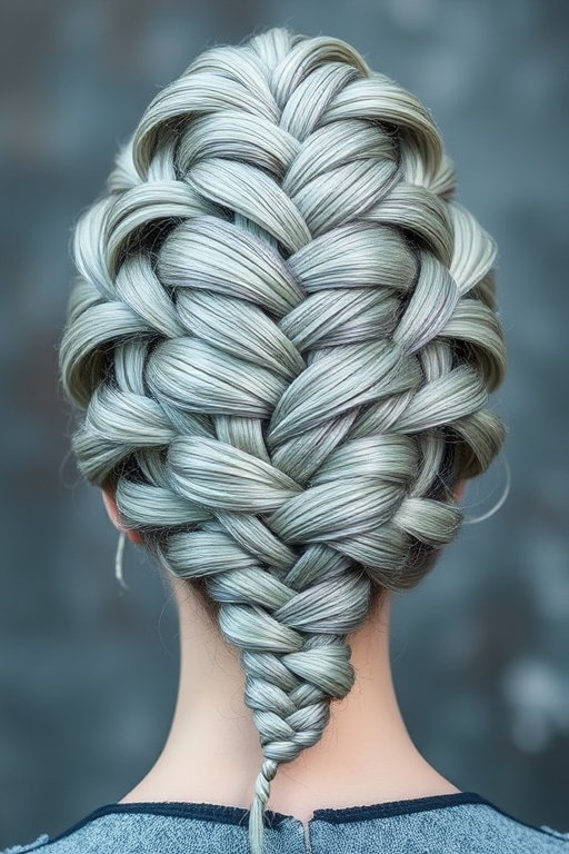 Intricate braided updo featuring a mix of silvery gray and pale blue strands woven into an elaborate crown-like structure, evoking an icy queen's regal appearance named Frost Empress