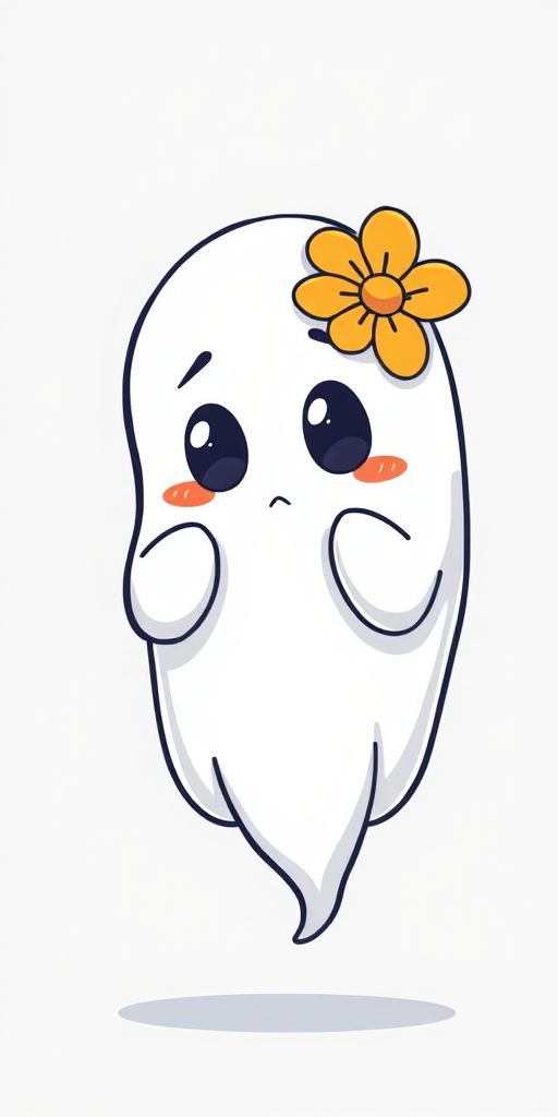 Cute cartoon ghost with a flower in its hair looking puzzled and curious against a simple light background.