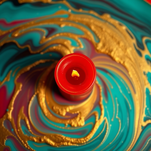 Create an artistic composition of a red candle surrounded by swirling gold and turquoise paint, captured with a Canon EOS R5 at f/2.8, ISO 100, 35mm lens, using soft side lighting to enhance the textures and colors, shot from a top-down perspective with a shallow depth of field for a dreamy effect.