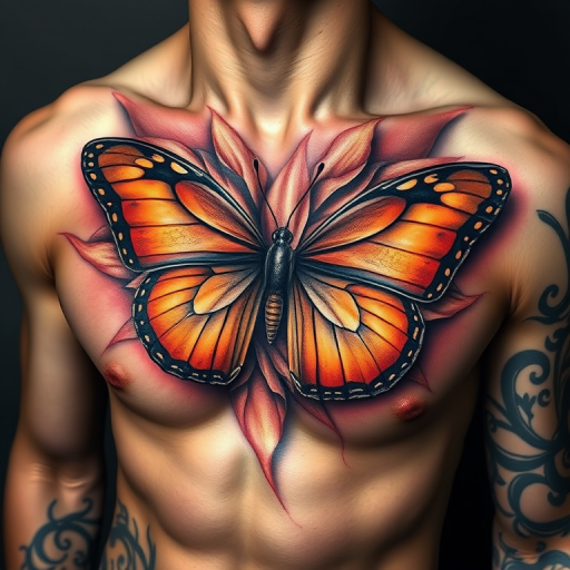 Realistic 3D tattoo entitled "Living Canvas" depicting a hyper-realistic butterfly emerging from the skin, complete with lifelike textures, shadows, and depth, suitable for shoulder or chest placement