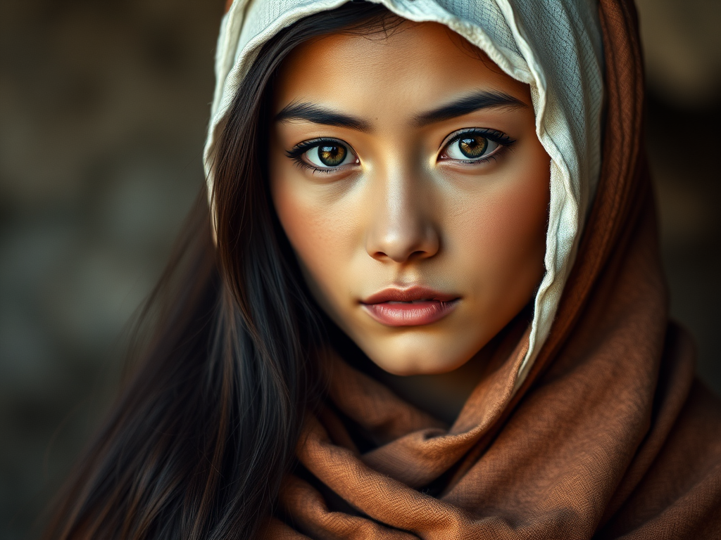 Create a portrait of a young Mongolian woman with long, dark hair and captivating hazel eyes. She is wearing a white headscarf and a matching scarf draped gracefully around her neck. The background is softly blurred, focusing attention on her serene and natural expression. The overall color palette is muted and warm, enhancing the intimate and authentic feel of the portrait.