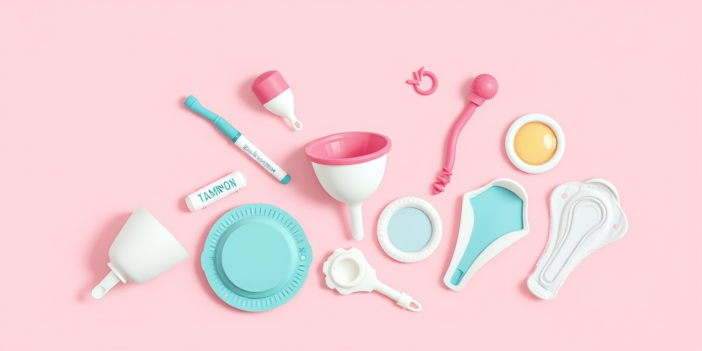 Create an illustration of menstrual products including menstrual cups, tampons, and pads, with a playful and colorful design on a light pink background, using a digital art style with high resolution, soft focus, and vibrant colors, resembling a vector graphic; use a Canon EOS R5 camera with a 50mm f/1.2 lens, set to ISO 200, aperture f/2.8, and shutter speed 1/60s.