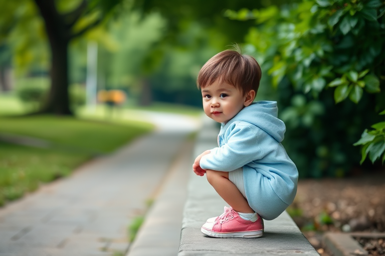 A young child squatting on a stone step in a lush green park, wearing a light blue hoodie and pink shoes, captured with a shallow depth of field, using a DSLR camera with a 50mm lens at f/1.8, ISO 200, and a shutter speed of 1/500s.