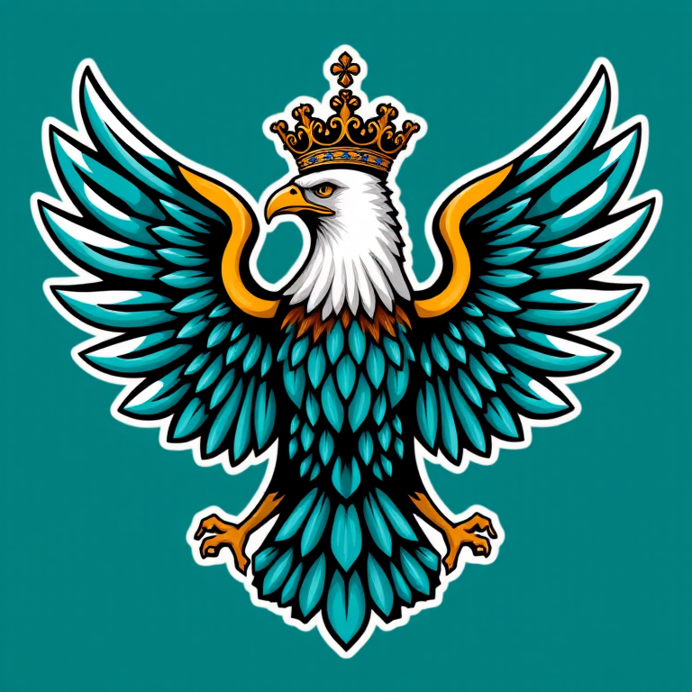 Create a detailed vector graphic of a stylized teal eagle emblem with spread wings and an ornate crown, capturing intricate feather details, using a Canon EOS R5 with a 50mm f/1.2 lens, aperture set at f/8, ISO 200, and natural lighting for enhanced clarity and depth.