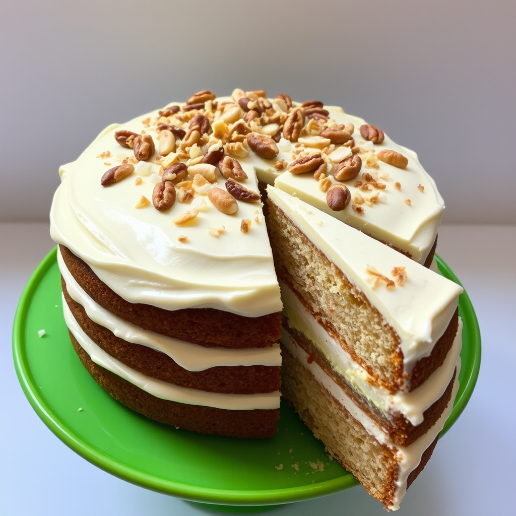 A delicious layered cake with a creamy frosting topped with chopped nuts and coconut flakes displayed on a vibrant green cake stand with a slice removed revealing the moist interior.