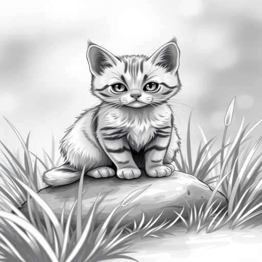 Create a high-resolution black and white illustration of a cute cat sitting on a rock surrounded by grass, using a DSLR camera with a 50mm lens, f/2.8 aperture, ISO 100, and a soft focus background effect to enhance detail and clarity.