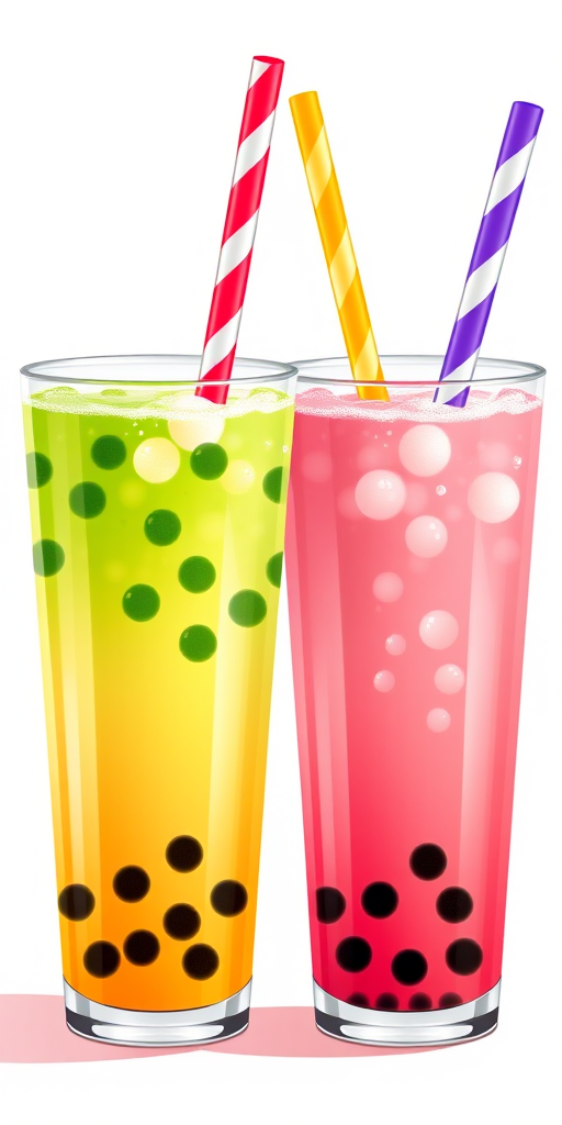 Create a vibrant illustration of two glasses of bubble tea with colorful straws, showcasing the bubbles and textures, photographed with a DSLR camera, 50mm lens, aperture at f/2.8, ISO 100, shot in natural light from a slight angle to emphasize the depth and texture of the drinks.