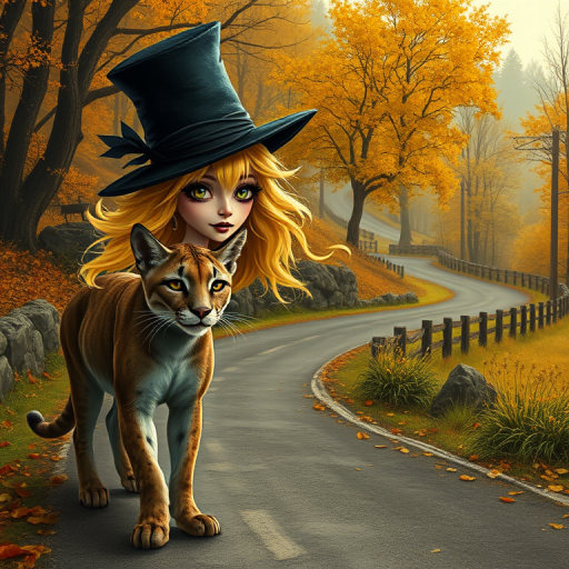 digital art fantasy depicting a strange girl with Yellow hair, long eyelashes, black lipstick and a tall hat walking along a winding road on an autumn afternoon, an Puma smiles as she passes