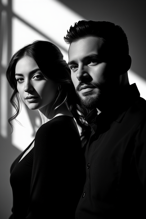 Create a high-contrast black and white portrait of a couple, focusing on dramatic lighting and shadows, using a DSLR camera with a 50mm lens, aperture set to f/1.8, ISO 200, shot in portrait orientation with a shallow depth of field.