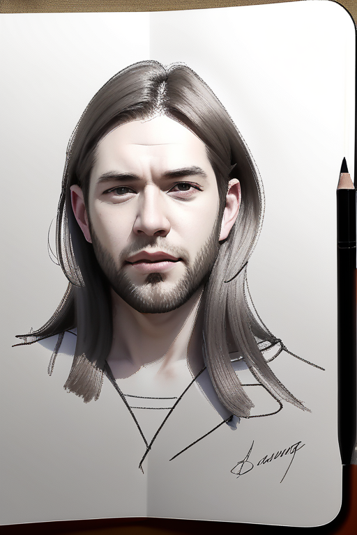 Realistic Portrait of a Young Man with Long Hair and Beard
