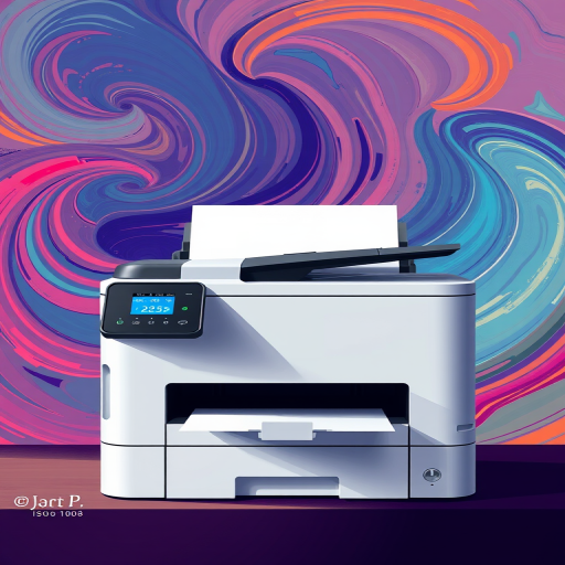 Create a high-resolution digital illustration of a modern printer with an open paper tray, set against a vivid abstract background with swirling colors, using a 50mm lens at f/2.8, ISO 100, and a slight vignette to enhance focus on the printer, capturing a dynamic and artistic perspective.
