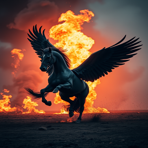 Create a dynamic image of a powerful black winged horse in mid-air with flames and smoke in the background, captured with a Canon EOS R5 at f/2.8, ISO 100, 1/500s, using a wide-angle lens from a low angle to emphasize the horse's movement and dramatic presence.
