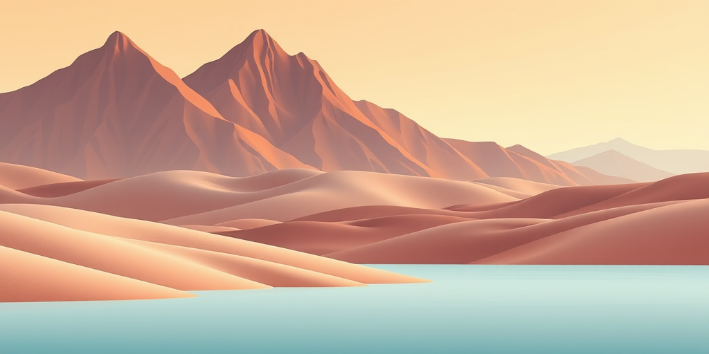 generate a landscape scene featuring stylized mountains in earthy tones, soft rolling hills, and a serene water body with a pastel background, shot with a DSLR camera at f/8 aperture, ISO 100, 24mm focal length, wide-angle view, with a vibrant color palette and clean lines.