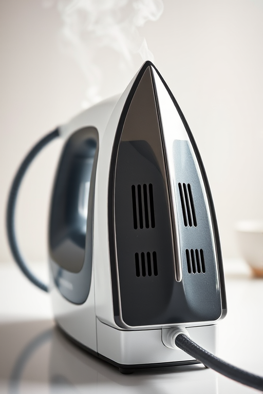 Create a high-resolution image of a steam iron with a sleek design, showing the steam vents clearly, captured from a slightly elevated angle using a DSLR camera, 50mm lens, f/2.8 aperture, 1/125 sec shutter speed, ISO 100, soft diffused lighting.