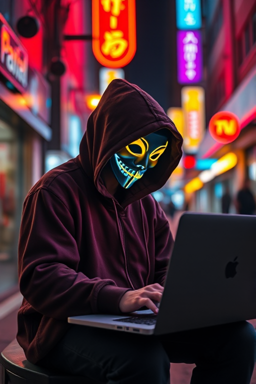 Create an image of a hooded figure with a glowing mask typing on a laptop in a vibrant neon-lit city street at night, using a Canon EOS R5 camera with a 50mm lens, aperture f/1.8, ISO 400, and a shutter speed of 1/60 sec, capturing a cinematic perspective with high saturation and sharp focus on the subject.