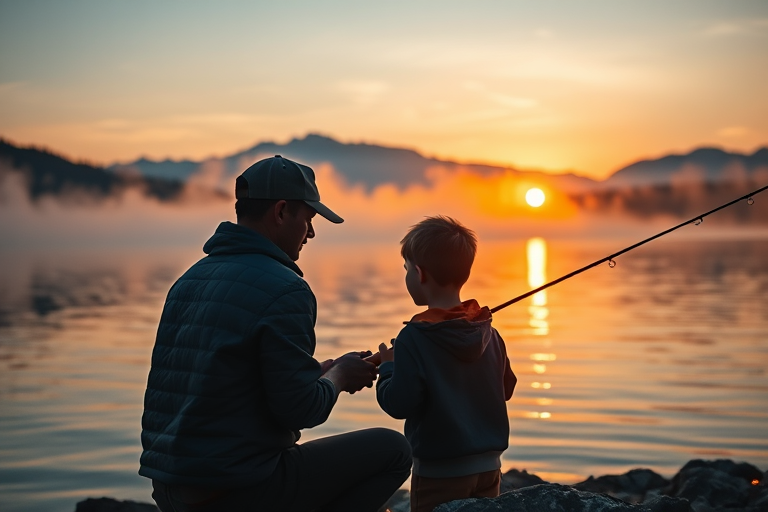 Warmly lit, intimate photo of a father teaching his young son how to fish at dawn, soft mist rising from the lake, with distant mountains bathed in pastel hues from the rising sun.