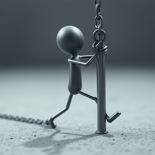 create a 3D rendering of a stick figure being pulled back by a chain attached to a pole, use a wide-angle lens at f/8 for depth of field, capture with a Canon EOS R5, set ISO to 100, and focus on the figure to enhance clarity and detail