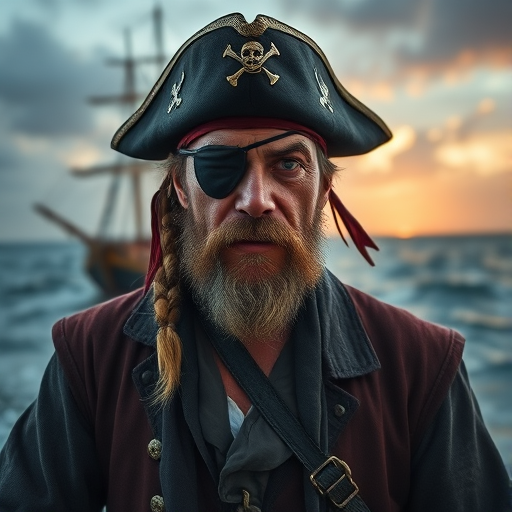 Create an image of a fierce pirate captain with an eye patch and a weathered face, standing confidently in front of a majestic tall ship sailing on turbulent seas, using a Canon EOS R5 with a 50mm f/1.2 lens, aperture set to f/8, ISO 100, and a low-angle view for dramatic effect.