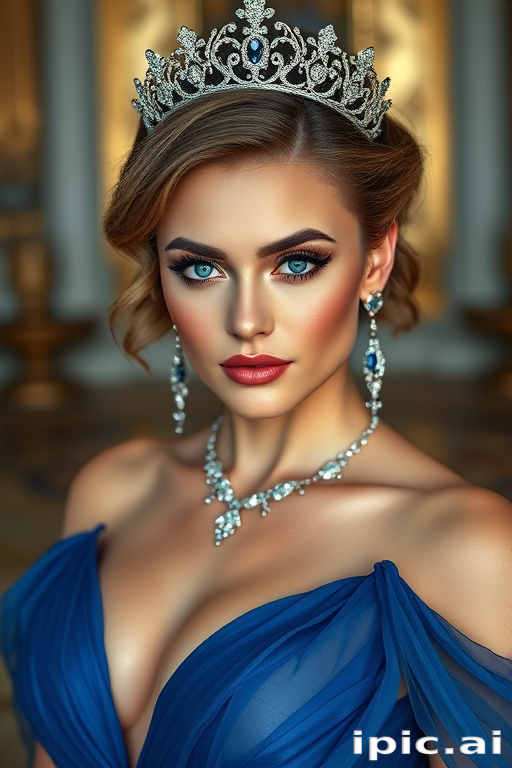 A gorgeous woman in a luxurious blue gown, accessorized with a dazzling tiara and statement earrings, her deep blue eyes highlighted by impeccable makeup, poised in a royal setting, photorealistic, 8K quality