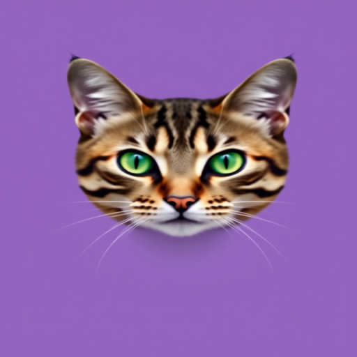 Create an image of a stylized tabby cat with striking green eyes, set against a soft gradient purple background, with high contrast and sharp geometric shapes, using a DSLR camera with an aperture of f/2.8, shutter speed of 1/250s, and ISO 100 for crisp detail and vibrant colors.