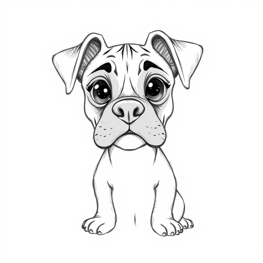 A doodle style pencil sketch illustration of a beautiful young Boxer dog, with large eyes and exaggerated facial features. White background