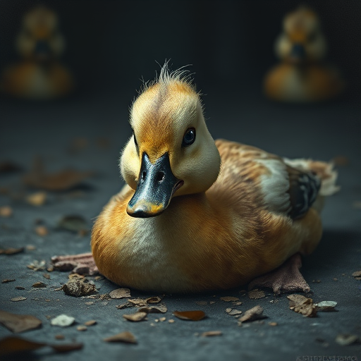 Stunning image of a cute adorable tired looking wacky duck laying flat on the ground, no emotions, moody, grainy, noisy, concept art, by Alberto Seveso, Cyril Rolando, Dan Mumford, Meaningful Visual Art, Detailed Painting, Digital Illustration,