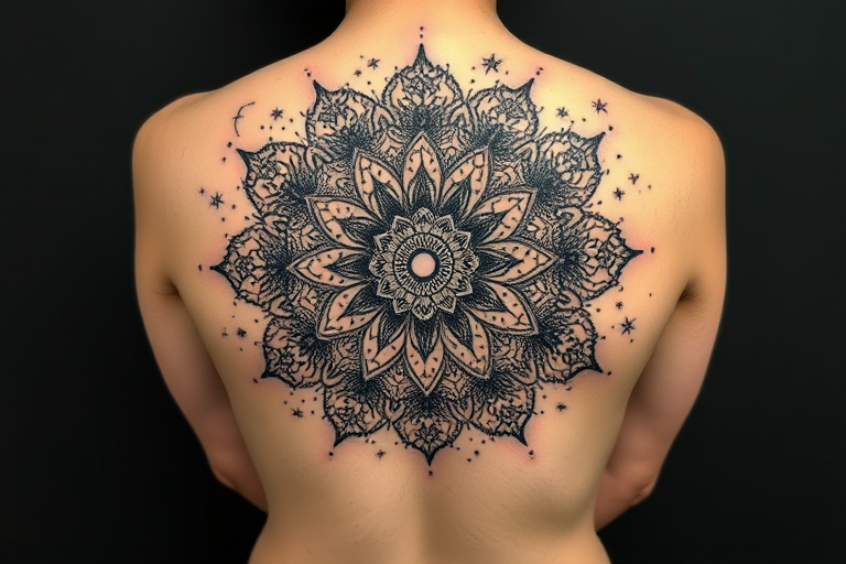 Dotwork mandala tattoo titled "Cosmic Bloom" featuring an intricate floral mandala design expanding from the center of the back, gradually transitioning from dense black dotwork to sparse constellations and star patterns, creating a mesmerizing fade effect that mimics the vastness of space