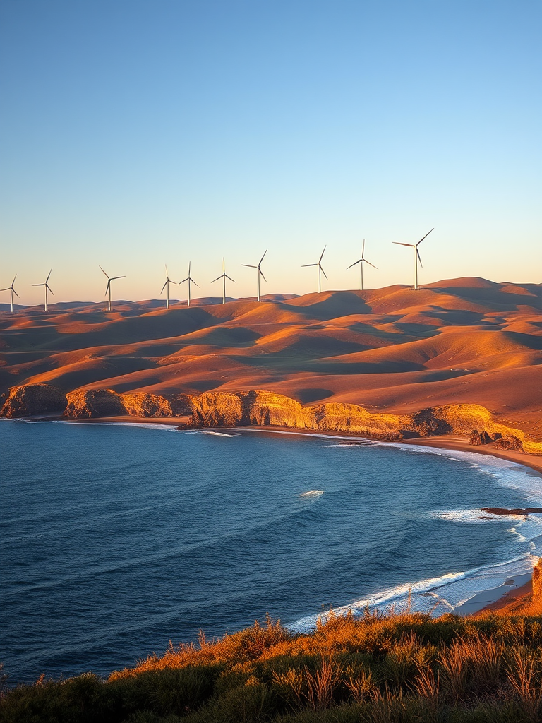 Generate a high-resolution landscape image of a coastal scene featuring rolling hills with wind turbines in the background, captured with a Canon EOS R5 using a 24-70mm f/2.8 lens at f/8, ISO 100, and a shutter speed of 1/200s, taken during golden hour to enhance colors and shadows.