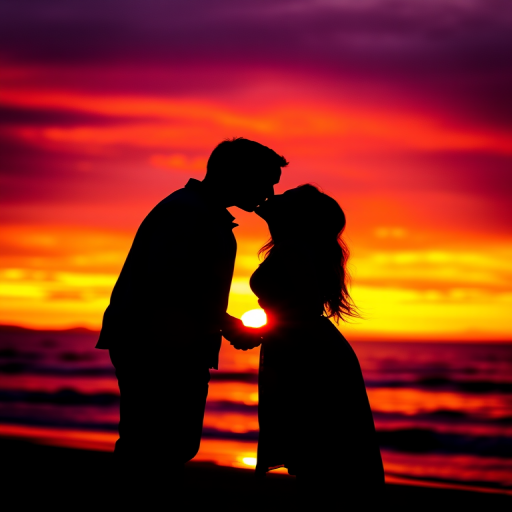 sunset silhouette of a couple kissing on the beach with vibrant purple and orange sky, captured with a DSLR camera, focal length 50mm, aperture f/1.8, ISO 200, backlighting, soft focus effect