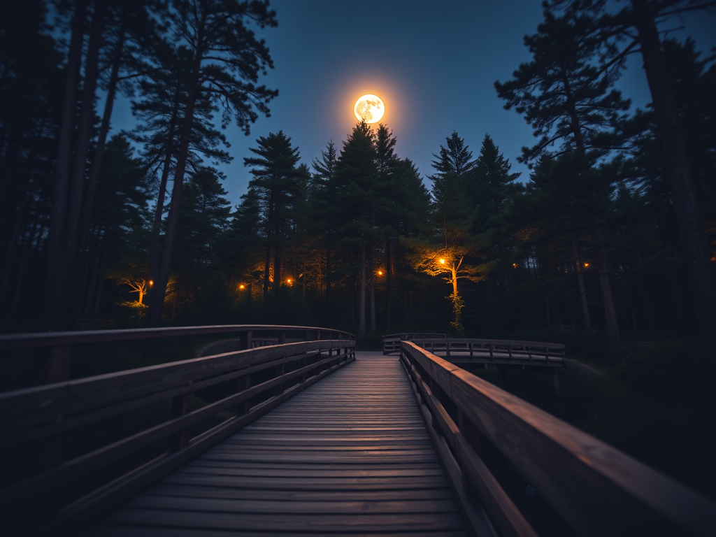capture a serene wooden bridge under a full moon surrounded by tall trees and soft glowing lights, with a depth of field focusing on the bridge, using a DSLR camera with a 24mm lens at f/1.8, ISO 200, shutter speed 1/30s, in twilight settings to enhance mood and detail.