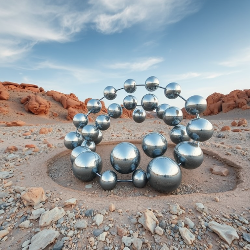 Create a futuristic landscape featuring reflective metallic spheres arranged in a spiral structure amidst rocky desert terrain, captured with a Canon EOS R5, 24mm lens, f/8 aperture, ISO 100, HDR style, and a wide-angle view for enhanced depth and clarity.