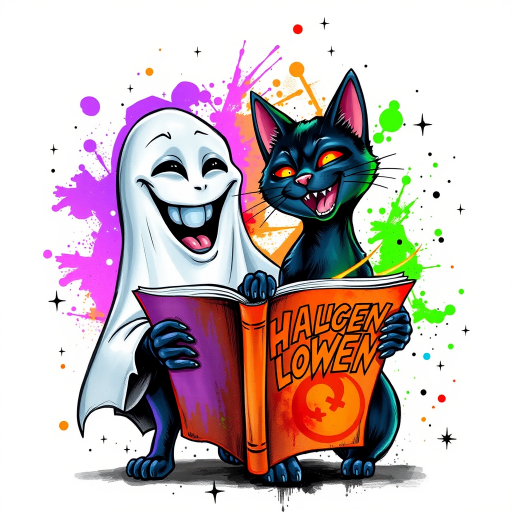 Image of a ghost and a black cat laughing exaggeratedly , and reading a comic halloween comic book, alcohol ink airbrush style, funny halloween theme, white background with neon purple, neon orange, neon green splash, black sparkles stars , dazzling BG