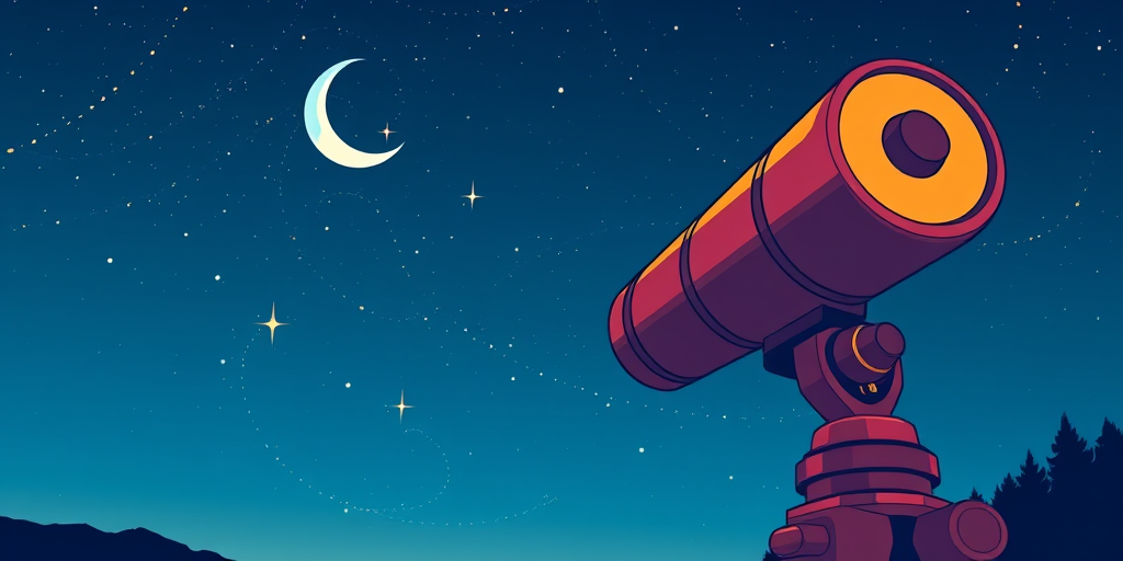 Create an illustration of a telescope pointing towards a starry sky with a crescent moon and shooting star, use a 50mm lens, f/1.8 aperture, ISO 100, captured in a clear night setting with a focus on vibrancy and clarity, employ a digital camera style.