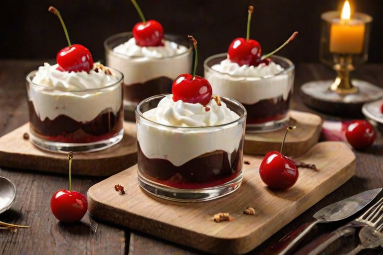 Generate an image of several layered chocolate desserts with whipped cream and cherries on top. The desserts should be arranged on a wooden board with a jar of cherry jam nearby. Include golden forks and a napkin for a touch of elegance. The background should be simple and bright to highlight the desserts.